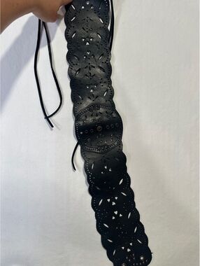 Black Leather Corset Belt Wide Perforated Cutout Lace Up Boho Western